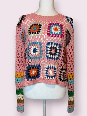 Debut Dreamers Boho Granny Square Crochet Knit Cropped Sweater Pink Large